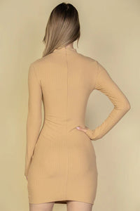 Ribbed Cut Out Front Long Sleeve Bodycon Mini Dress