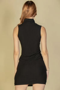 Black Ribbed Turtle Neck Sleeveless Bodycon Mini Dress Women's Fashion Basics,  Black Sweater Dress