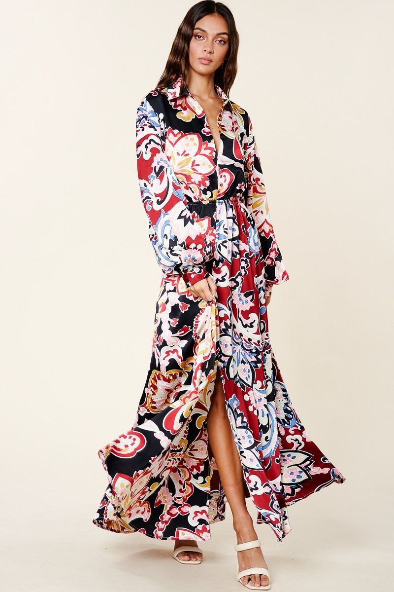 Color Block Printed V Neck Long Sleeve Maxi Dress