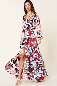 Color Block Printed V Neck Long Sleeve Maxi Dress