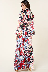 Color Block Printed V Neck Long Sleeve Maxi Dress