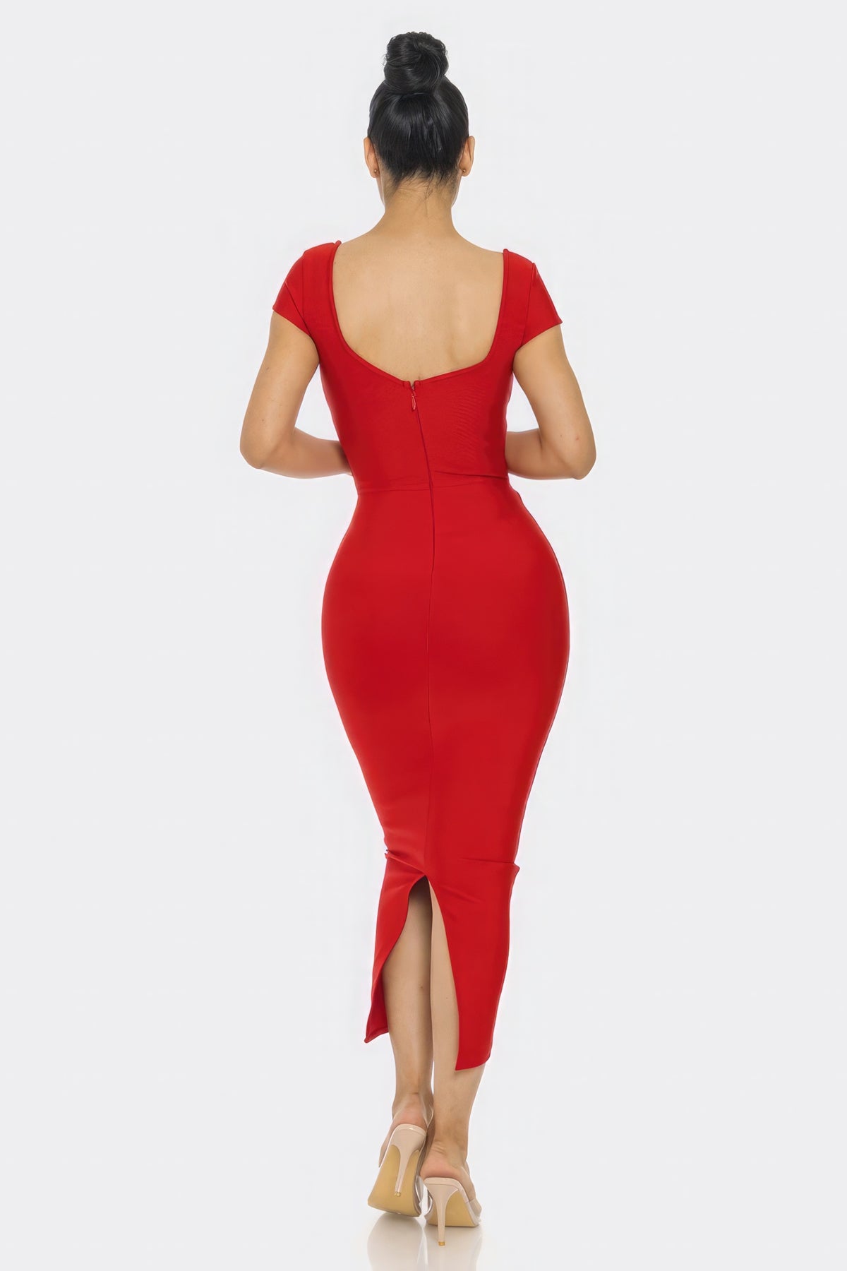 Red Dress Women's Sexy Feminine Short Sleeve Tight Bandage Midi Dress with cutouts Long Tight Party Dress  KELSEY