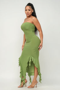 Green Sleeveless Dress Women's Sexy Strapless Fringe Ruffle Trim Hem Slit Tube Maxi Dress, Sweetheart Neckline Tight Long Party Dress