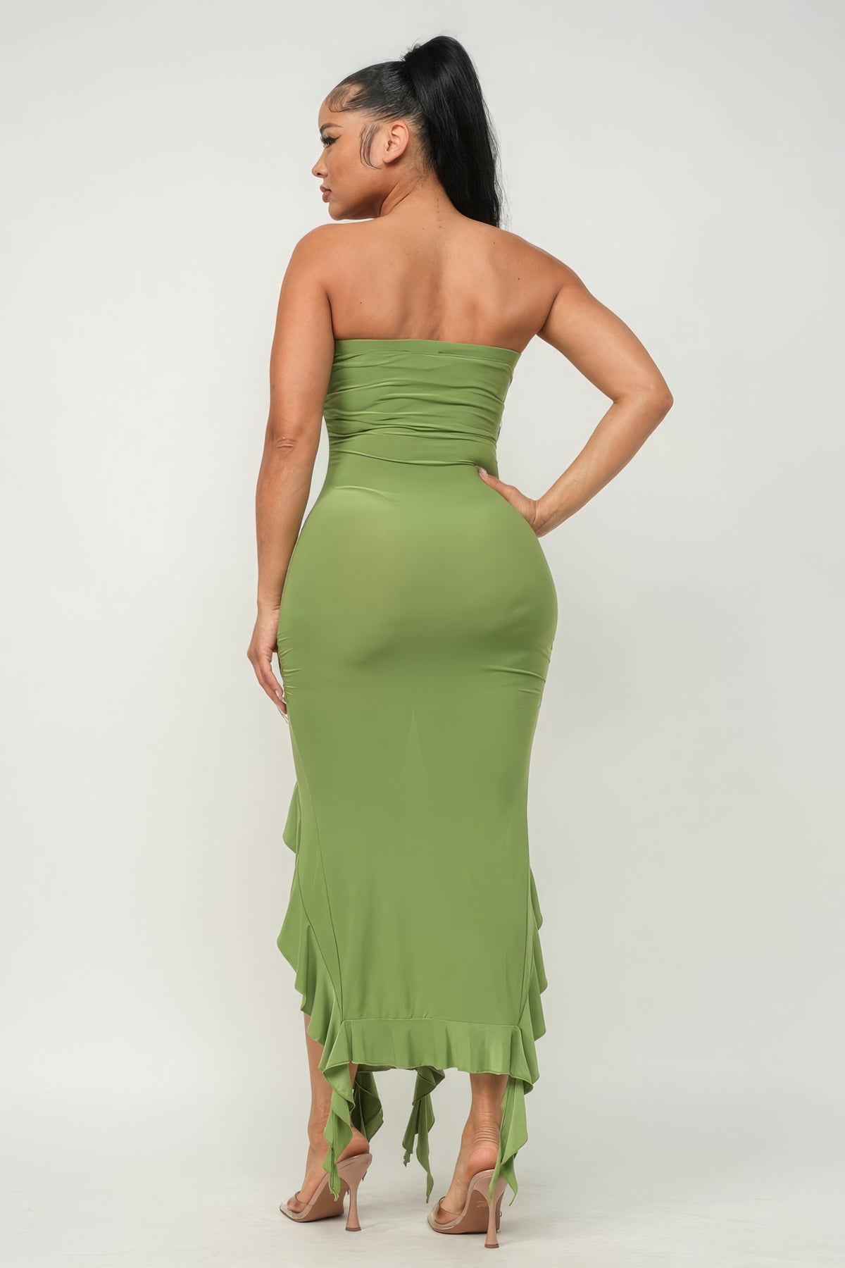 Green Sleeveless Dress Women's Sexy Strapless Fringe Ruffle Trim Hem Slit Tube Maxi Dress, Sweetheart Neckline Tight Long Party Dress