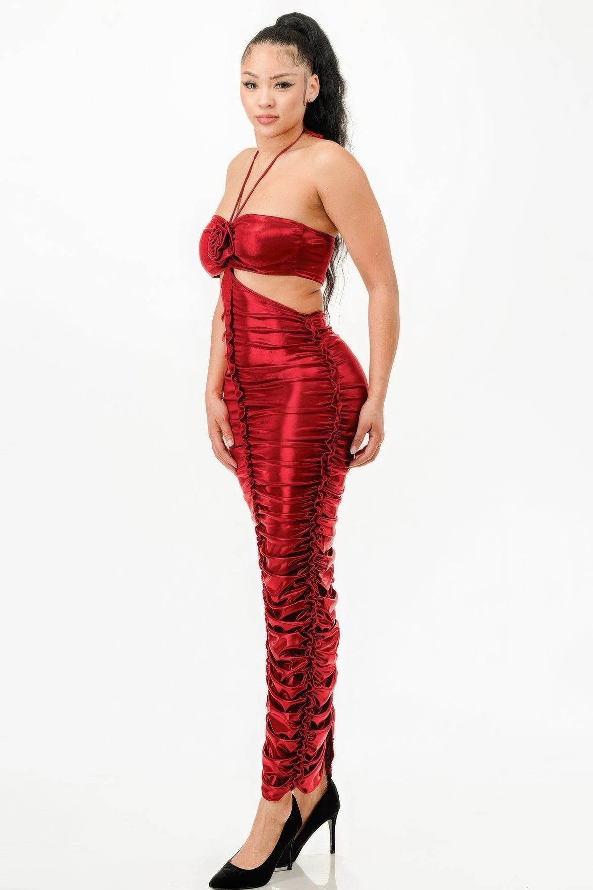 Red Dress Shiny Metallic Ruched  Halter Maxi Dress Women's Fashion Sexy Long Tight Party Dres KESLEYs