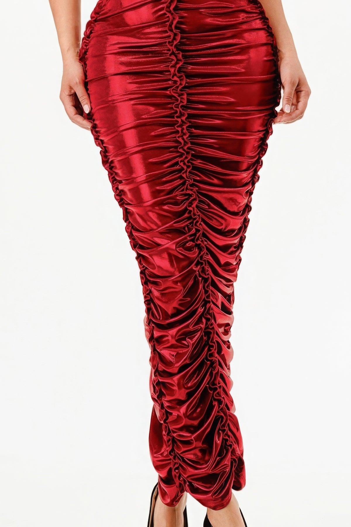 Red Dress Shiny Metallic Ruched  Halter Maxi Dress Women's Fashion Sexy Long Tight Party Dres KESLEYs