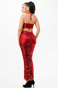 Red Dress Shiny Metallic Ruched  Halter Maxi Dress Women's Fashion Sexy Long Tight Party Dres KESLEYs