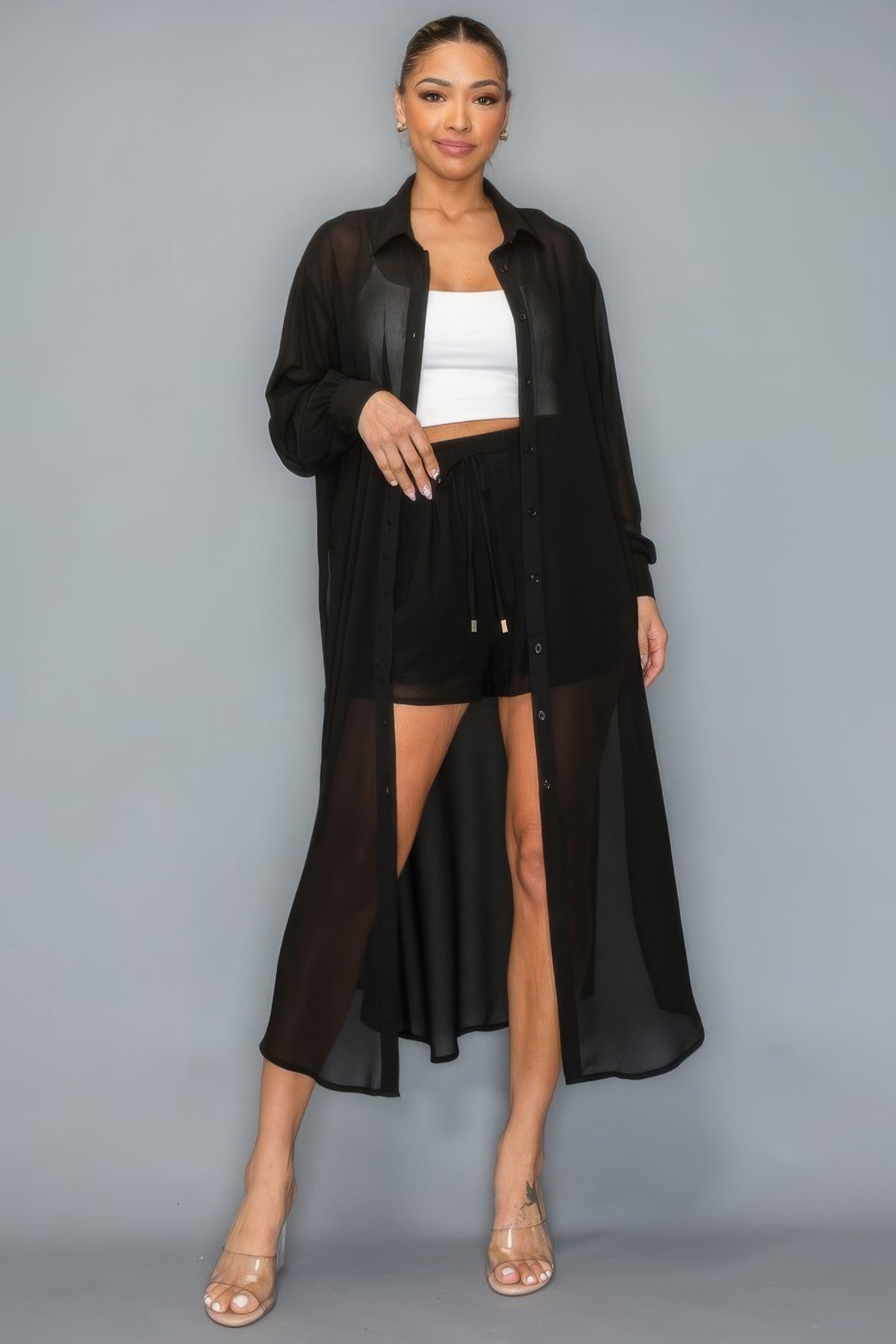 Chiffon Button Down Long Sleeve Side Slit Long Top With Short Fashion Outfit Set