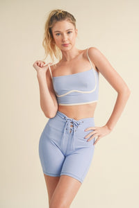 Blue Crop Top Sculpting Bra Tank Spaghetti Sleeve Sexy Comfortable Stretchy Shirt - Yoga Top Nylon and Spandex Activewear