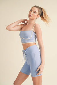 Blue Crop Top Sculpting Bra Tank Spaghetti Sleeve Sexy Comfortable Stretchy Shirt - Yoga Top Nylon and Spandex Activewear