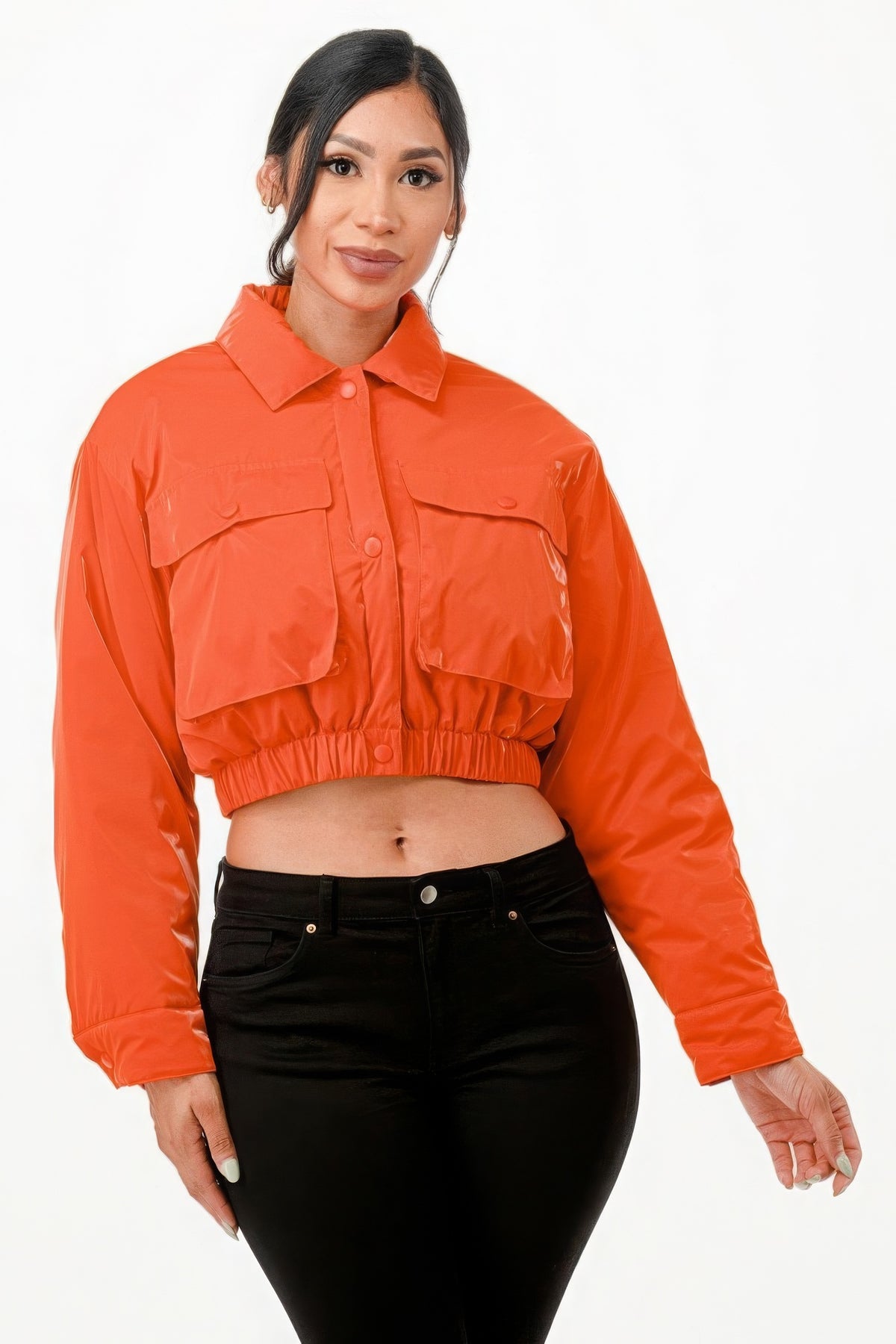 Ladies Orange Shiny Puffer Bomber Jacket Womens Light Fashion Coat