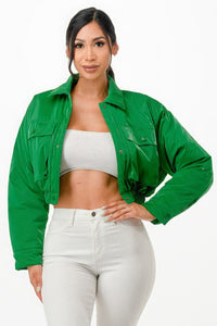 Green Shiny Puffer Bomber Cropped Jacket Light Fashion Coat