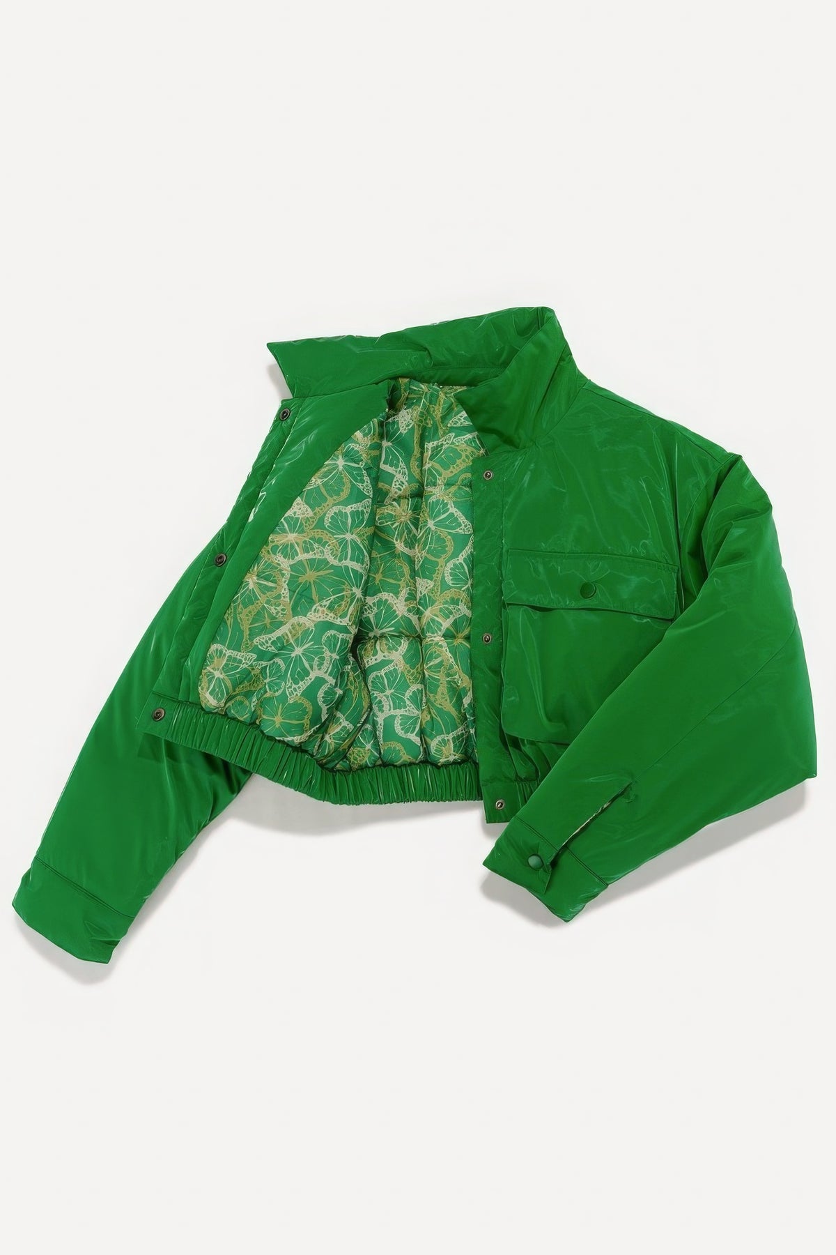 Green Shiny Puffer Bomber Cropped Jacket Light Fashion Coat