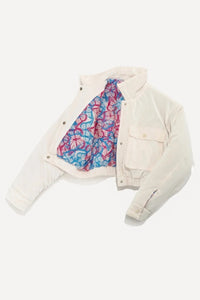 Womens Shiny Puffer Bomber Jacket, Light Ladies Coat White Cropped Outerwear Fashion