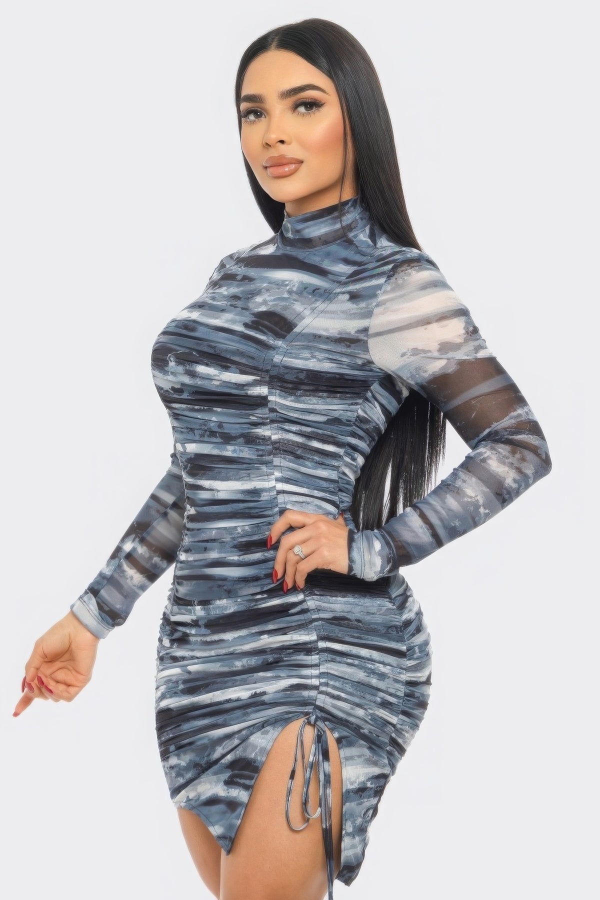 Blue Mesh Mini Dress Women's Mesh Long Sleeve Mock Neck Tight Short Dress with Slit