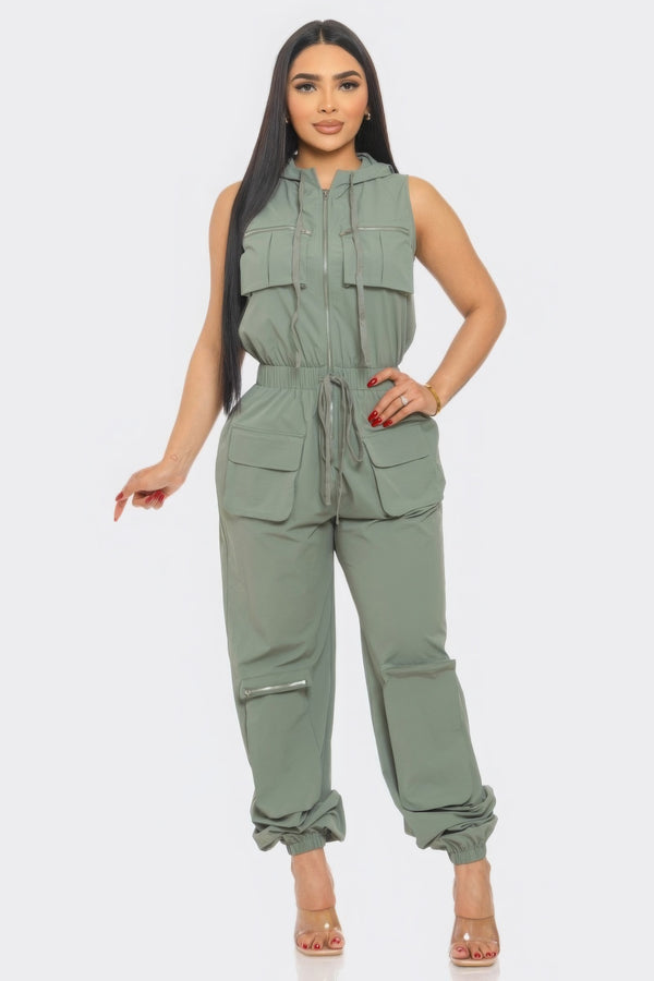 Cargo Jumpsuit Women's Fashion Olive Green Long Pants Romper and Playsuit with hood KESLEY