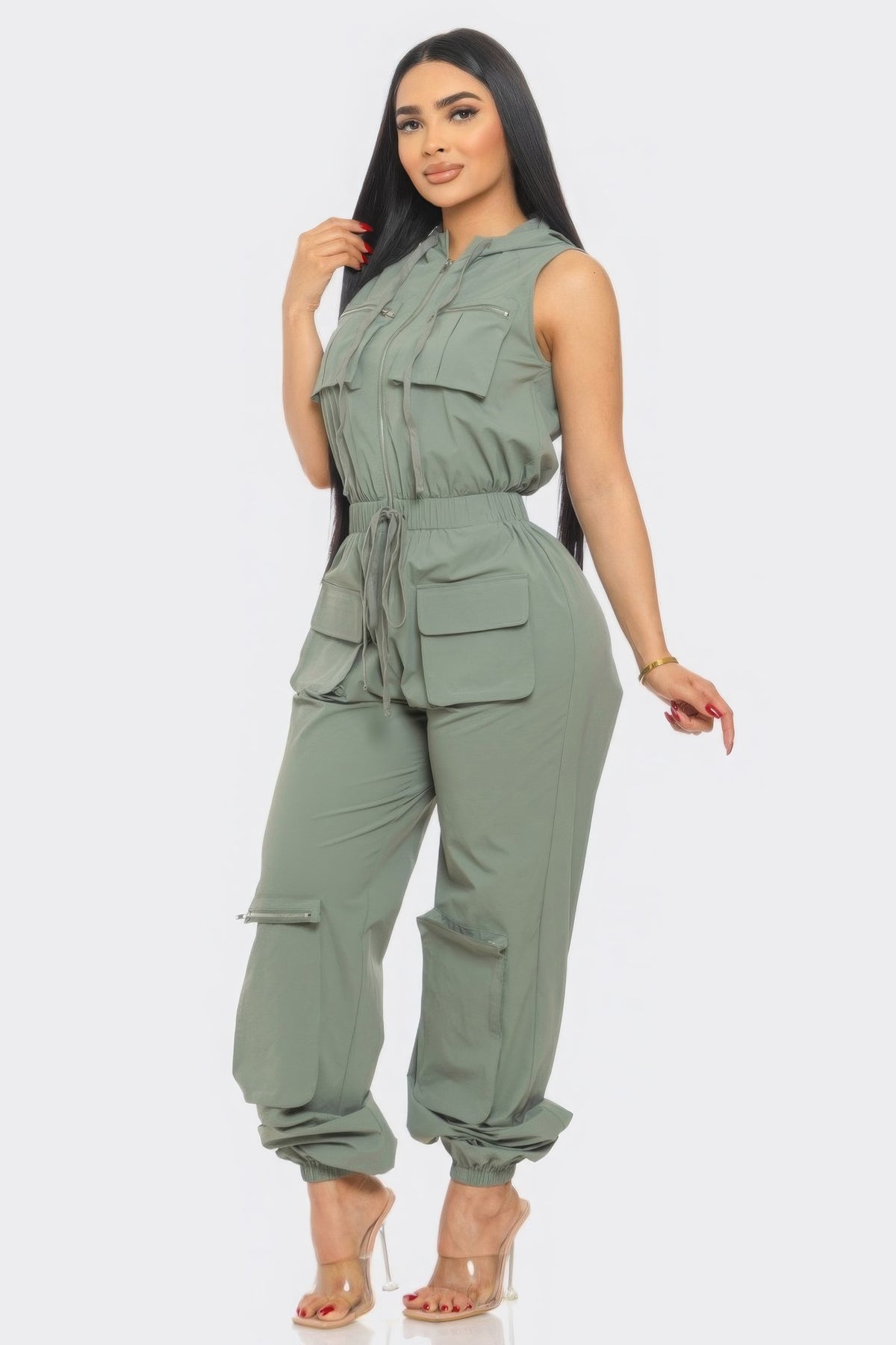 Cargo Jumpsuit Women's Fashion Olive Green Long Pants Romper and Playsuit with hood KESLEY