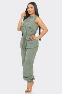 Cargo Jumpsuit Women's Fashion Olive Green Long Pants Romper and Playsuit with hood KESLEY