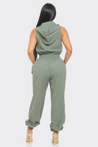 Cargo Jumpsuit Women's Fashion Olive Green Long Pants Romper and Playsuit with hood KESLEY