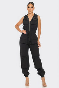 Black Cargo Jumpsuit Women's Casual Pants Romper with Pockets and Hood Trending Fashion Playsuits KESLEY