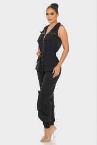 Black Cargo Jumpsuit Women's Casual Pants Romper with Pockets and Hood Trending Fashion Playsuits KESLEY