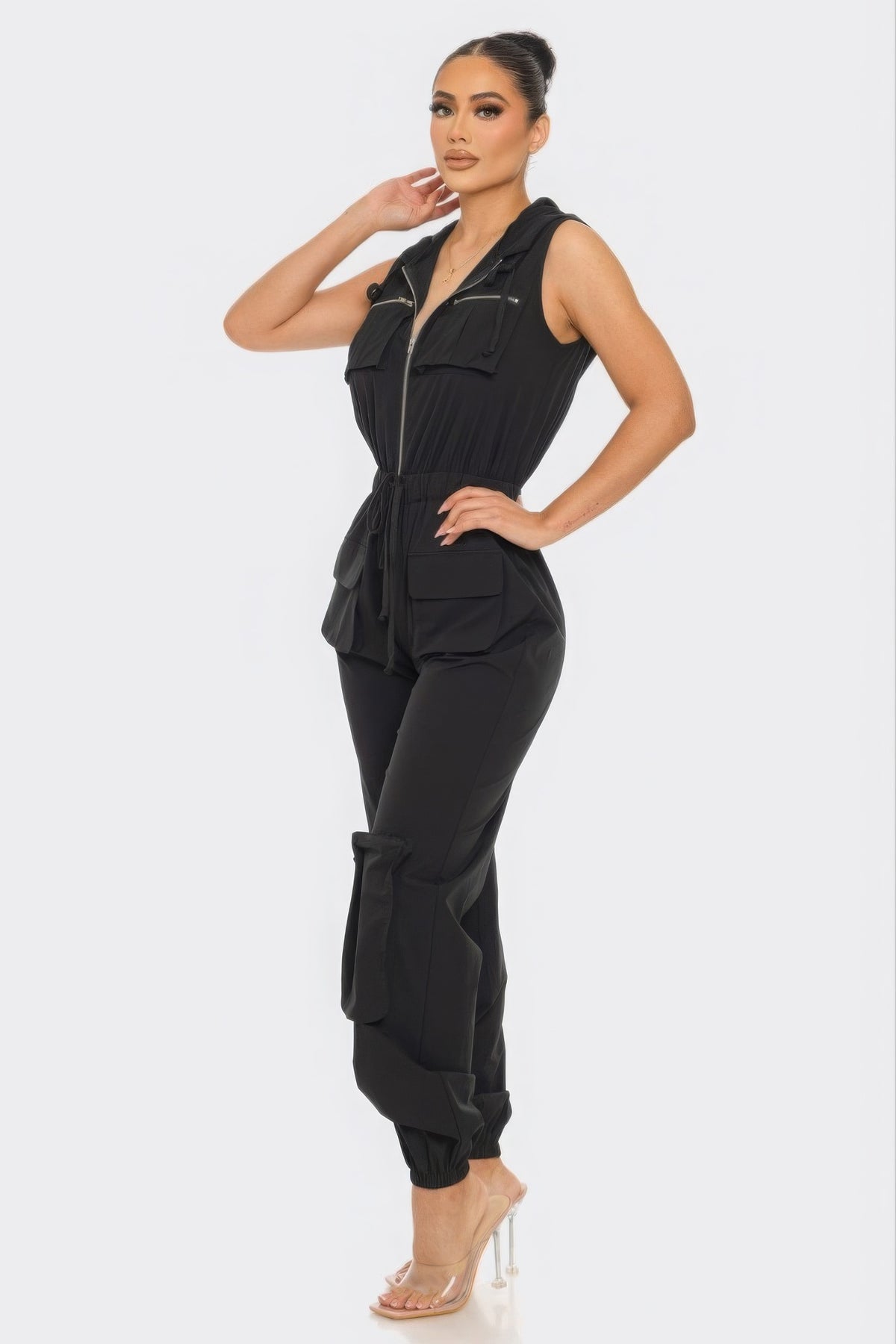 Black Cargo Jumpsuit Women's Casual Pants Romper with Pockets and Hood Trending Fashion Playsuits KESLEY