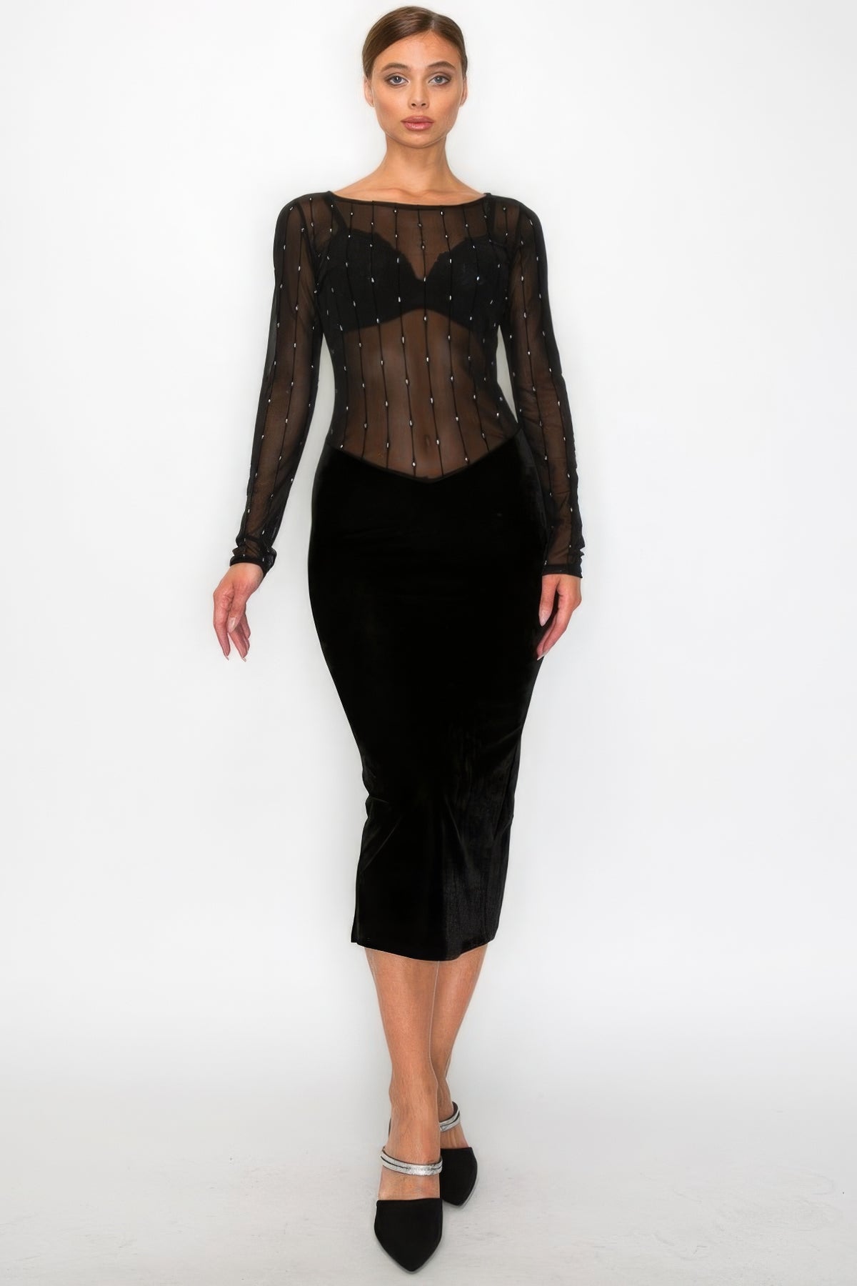 Black Velvet Sheer Contrast Long Sleeve Mesh Midi Dress Women's fashion Evening Dress