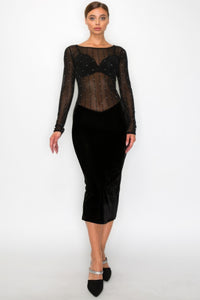 Black Velvet Sheer Contrast Long Sleeve Mesh Midi Dress Women's fashion Evening Dress