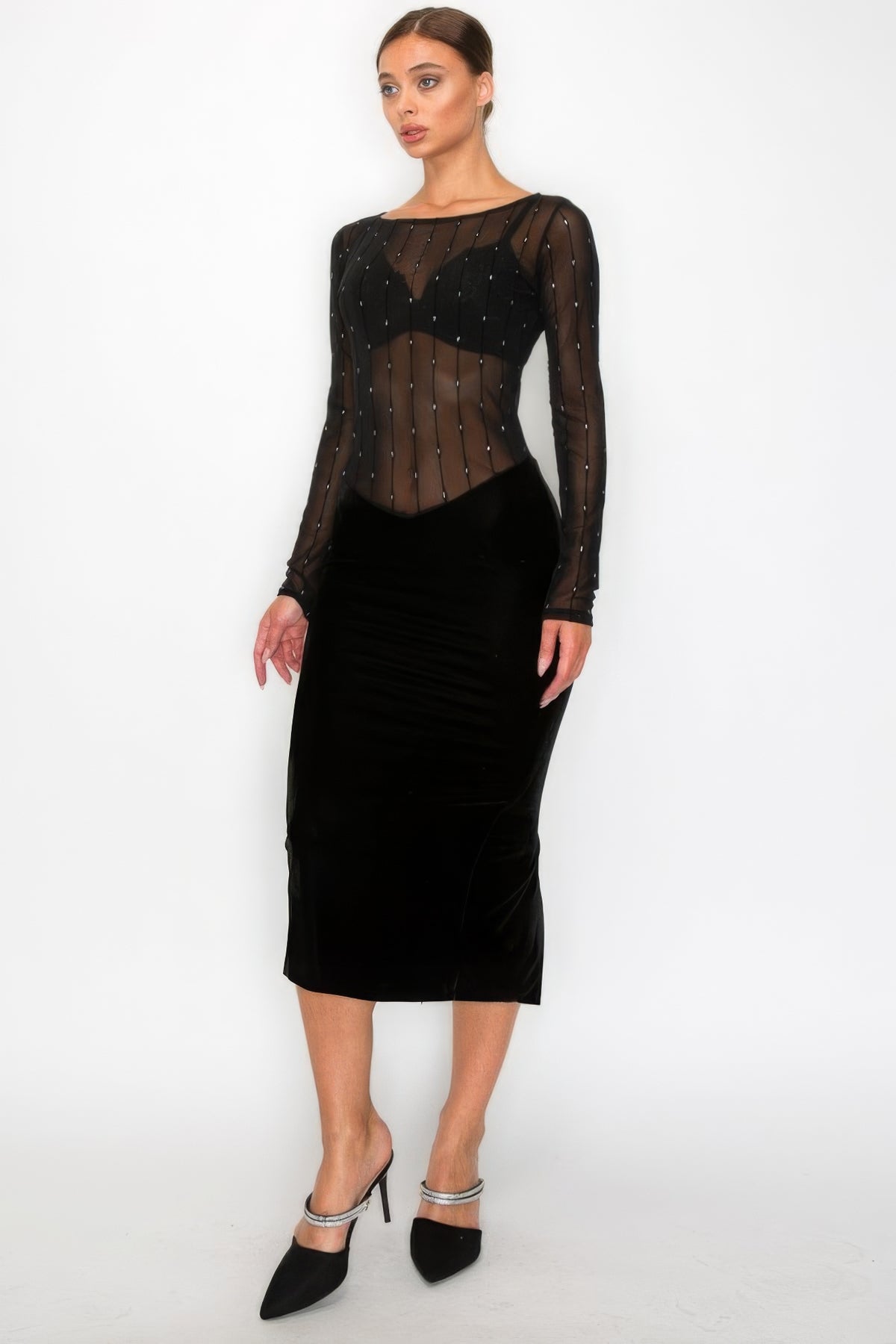 Black Velvet Sheer Contrast Long Sleeve Mesh Midi Dress Women's fashion Evening Dress