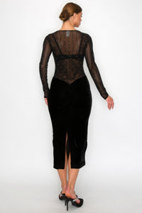 Black Velvet Sheer Contrast Long Sleeve Mesh Midi Dress Women's fashion Evening Dress