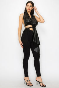 Faux Leather Crop Top Pants Set Matching Outfit Set Women's Sexy Backless Blouse and Pants Two Piece Set  KESLEY