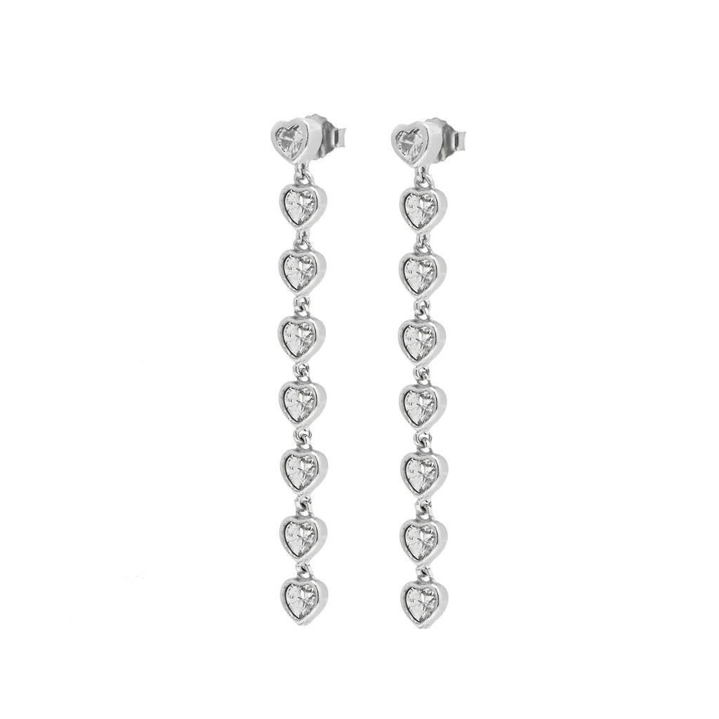 Pink Heart Earrings, Diamond CZ Long Drop Down Hearts .925 Sterling Silver Waterproof Earrings