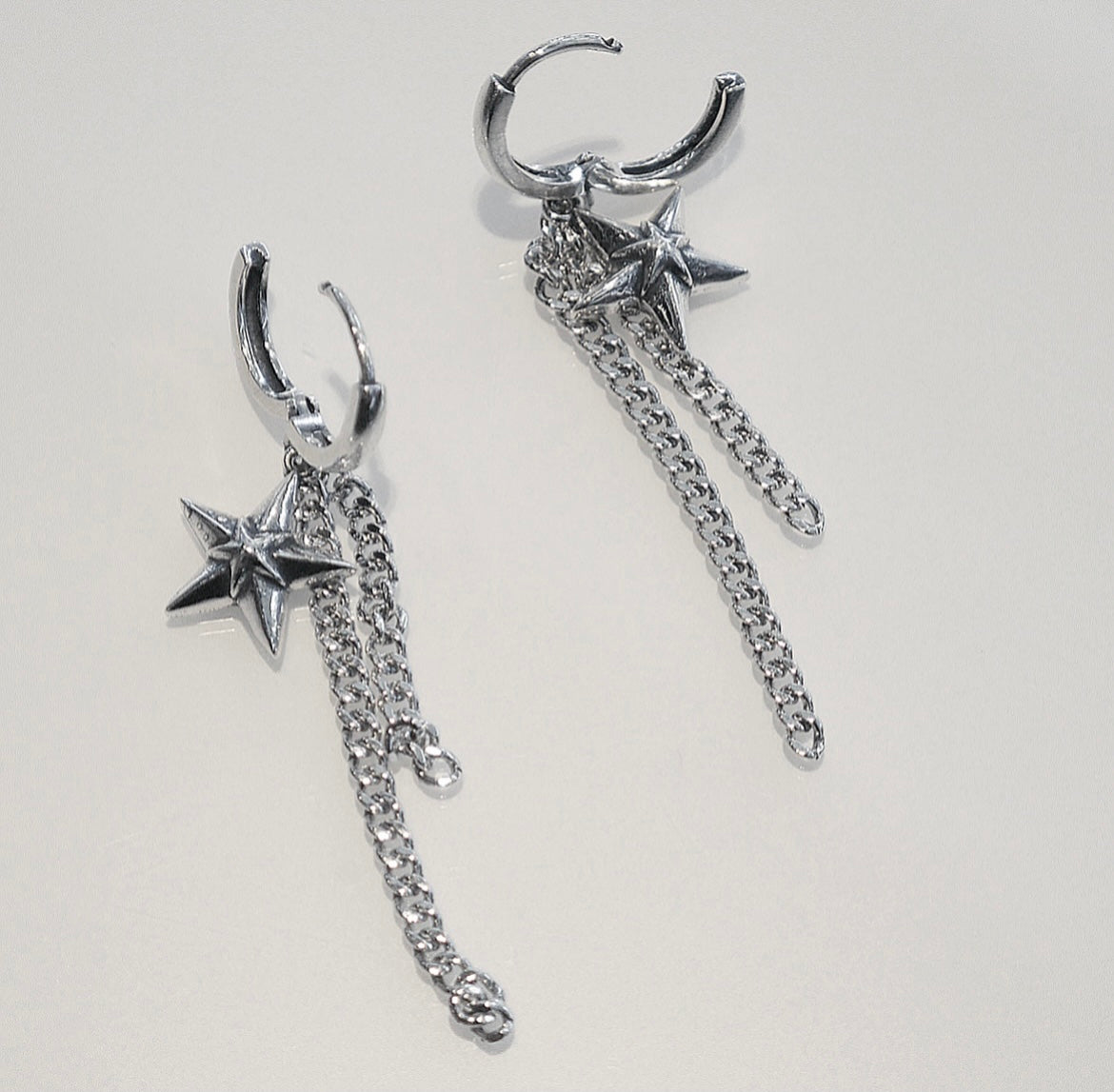 Rustic Star Chain Little Hoop Huggie Earrings .925 sterling silver