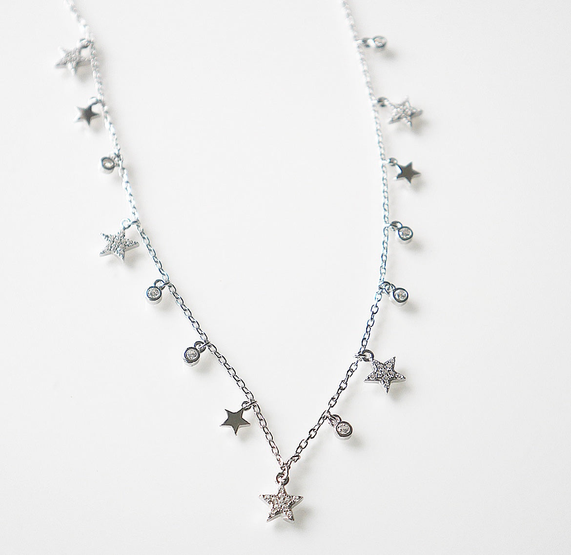 Star Charm Choker Necklace, .925 Sterling Silver Diamond CZ Hypoallergenic Waterproof Short Necklace