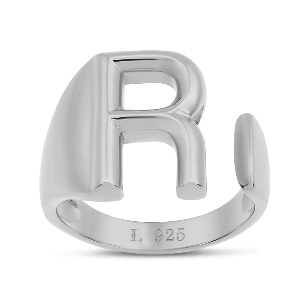 Bubble Letter Initial Adjustable Statement .925 Sterling Silver Ring