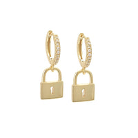 Gold lock earrings with hoops and diamond cz Kesley lock Earrings lock charm gold earrings for men and for women Kesley Boutique Shopping in Miami, jewelry store in Miami cute jewelry store in Miami Birthday Gifts for daughter, earrings for men