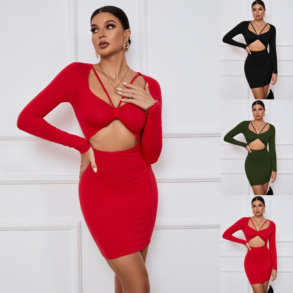 Women Clothing spring/summer 2024 Party Tight Sheath Wrapped Chest Hollow Out Cutout out Long Sleeve Dress