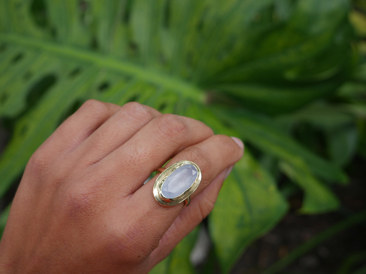 Rose Quartz ring in gold, oval shape statement ring AND blue chalcedony oval gemstone crystal ring for heart chakra fashionable baby shower gift OR bridesmaids gift OR wedding Jewelry OR work jewelry OR gold statement rings for work OR for everyday pink and blue rings 18k gold plated over sterling silver will not turn green. designer jewelry cheap good quality. shopping in Miami Jewelry store in Brickell, Birthstone rings, popualar-trending-Kesley Boutique