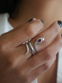 Snake ring with pink ruby gem simulation and emerald green eye zircon .925 sterling silver; designer rings wont turn green - unique snake rings for men and woman, designer inspired jewelry and rings unisex, instagram shopKesley Boutique