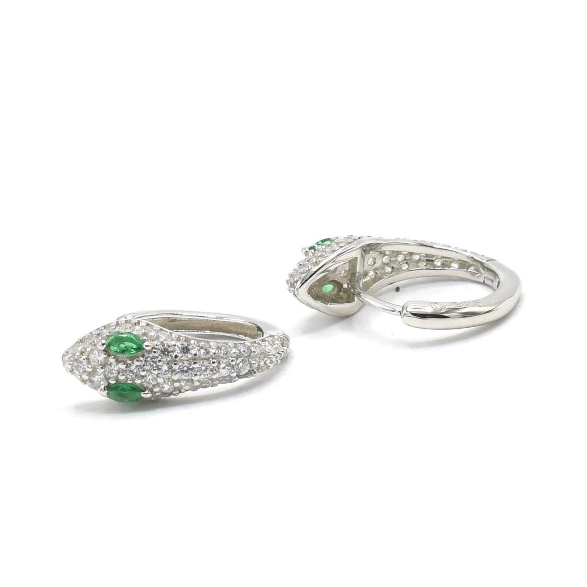 Green Eyed Snake Diamond CZ 9.25 Sterling Silver Hoop Earrings