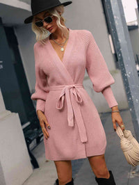 Women's Fashion Long Open Sweater Belted Surplice Lantern Sleeve Wrap Sweater Dress