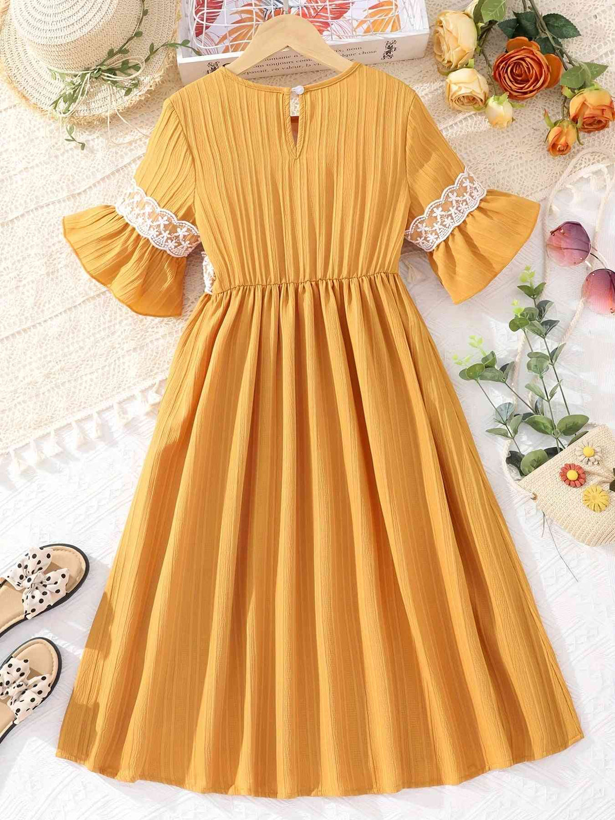 Lace Waistband Embroidery Round Neck Flounce Sleeve Dress Girls Clothing Kids Fashion