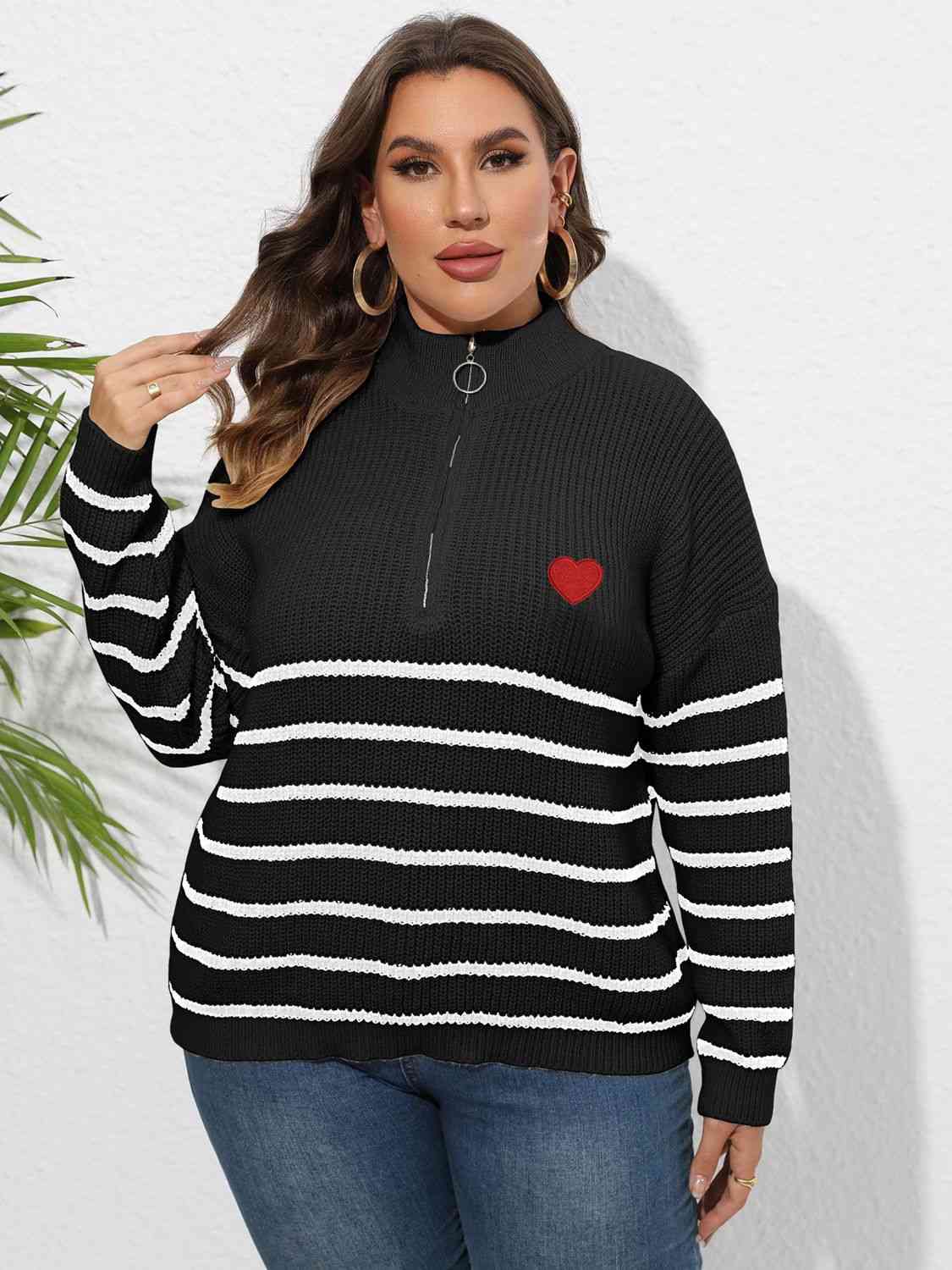 Plus Size Zip-Up Striped Sweater with heart print