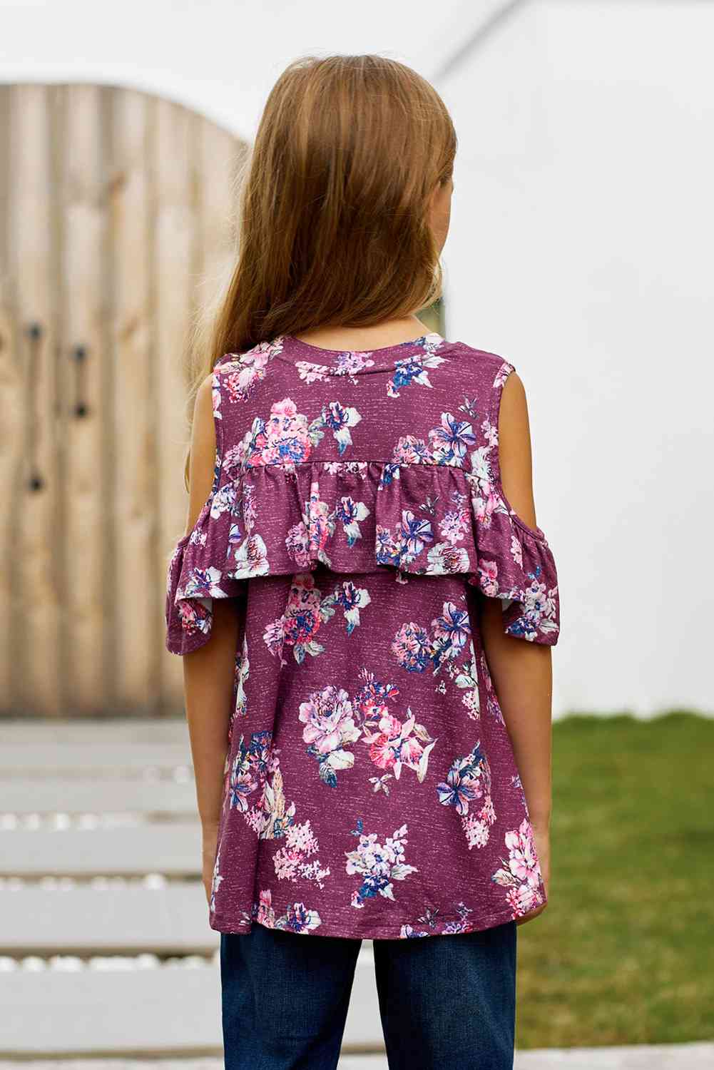 Girls Floral Cold-Shoulder Ruffled Top Kid's Fashion