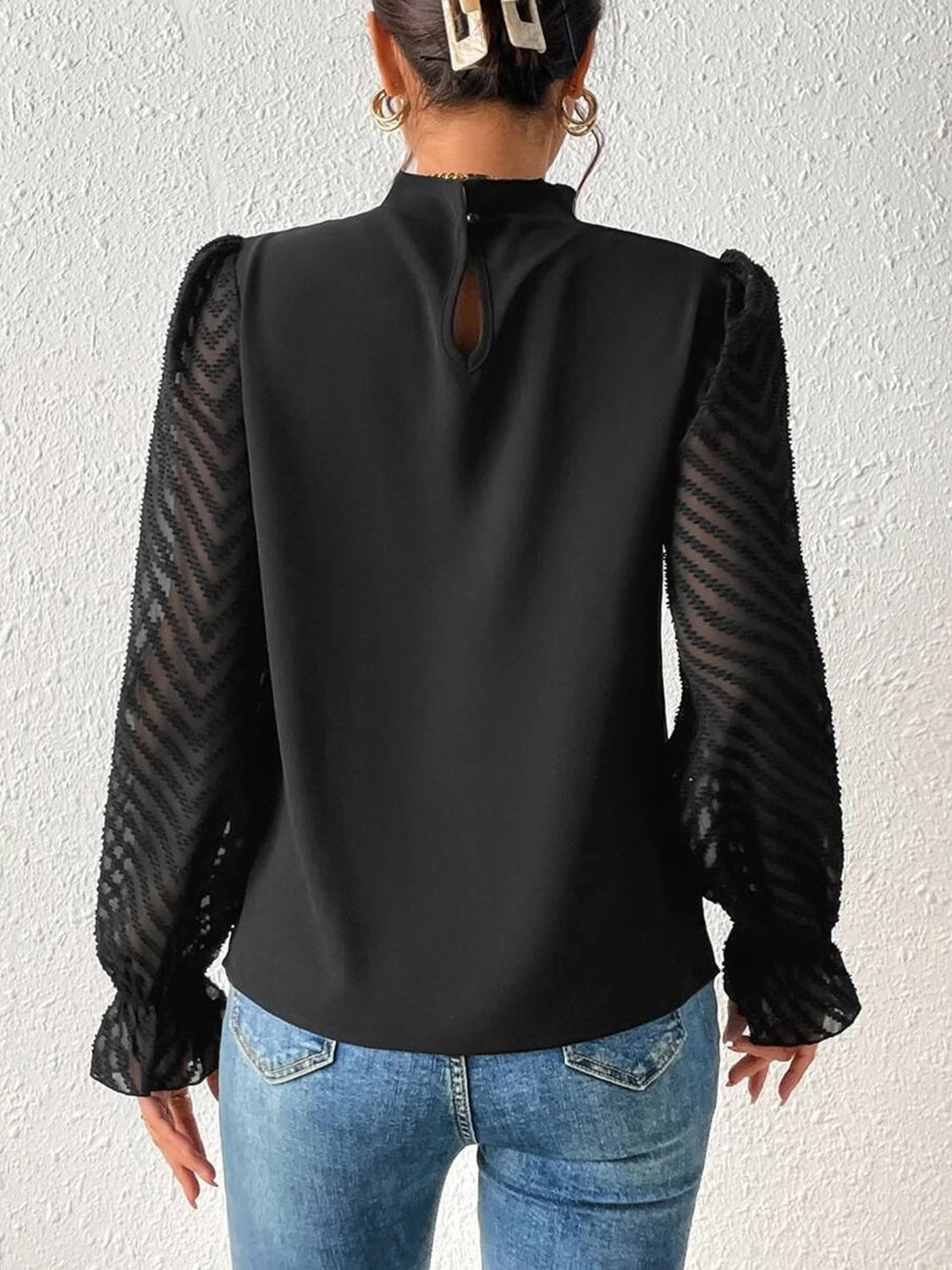 Mock Neck Flounce Fashionable Sheer Sleeve Blouse