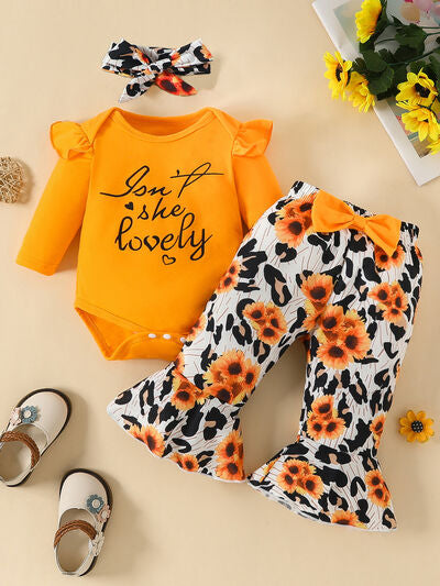 Letter Graphic Long Sleeve Bodysuit and Bow Leopard Pants Set Baby Girl Fashion Babies Gifts