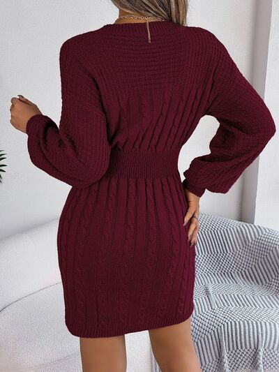 Cable-Knit Cutout Round Neck Slit Long Sleeve Sweater Dress