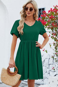 Womens V-Neck Balloon Short Sleeve Dress