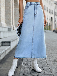 skirts, denim skirts, womens clothing, bottoms, midi skirts, fashion, trending fashion, outfit ideas, cute clothes, nice denim skirts, fashion trends, outfit ideas