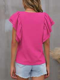 Round Neck Flounce Sleeve Blouse Solid Color Women's Short Sleeve Top